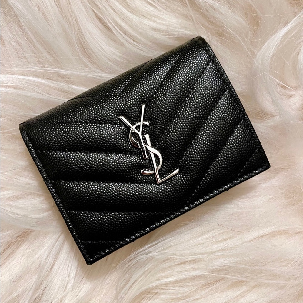 Authentic Saint Laurent Quilted Black Wallet with Silver Emblem